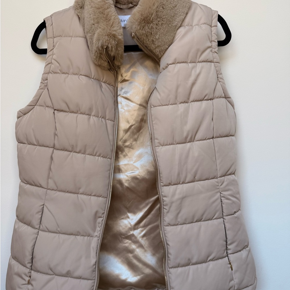Calvin Klein Tan Puffer Vest with Faux Fur Collar